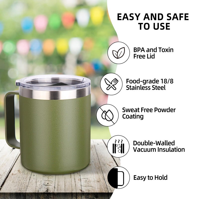 Volhoply 14oz Insulated Stainless Steel Coffee Mug with Lid Bulk 2 Pack Double Wall Vacuum Travel Coffee Cup with Handle Reusable Cups Tumbler Camping Mugs Keep Hot Ideal Gifts(Army Green 2) - Image 4